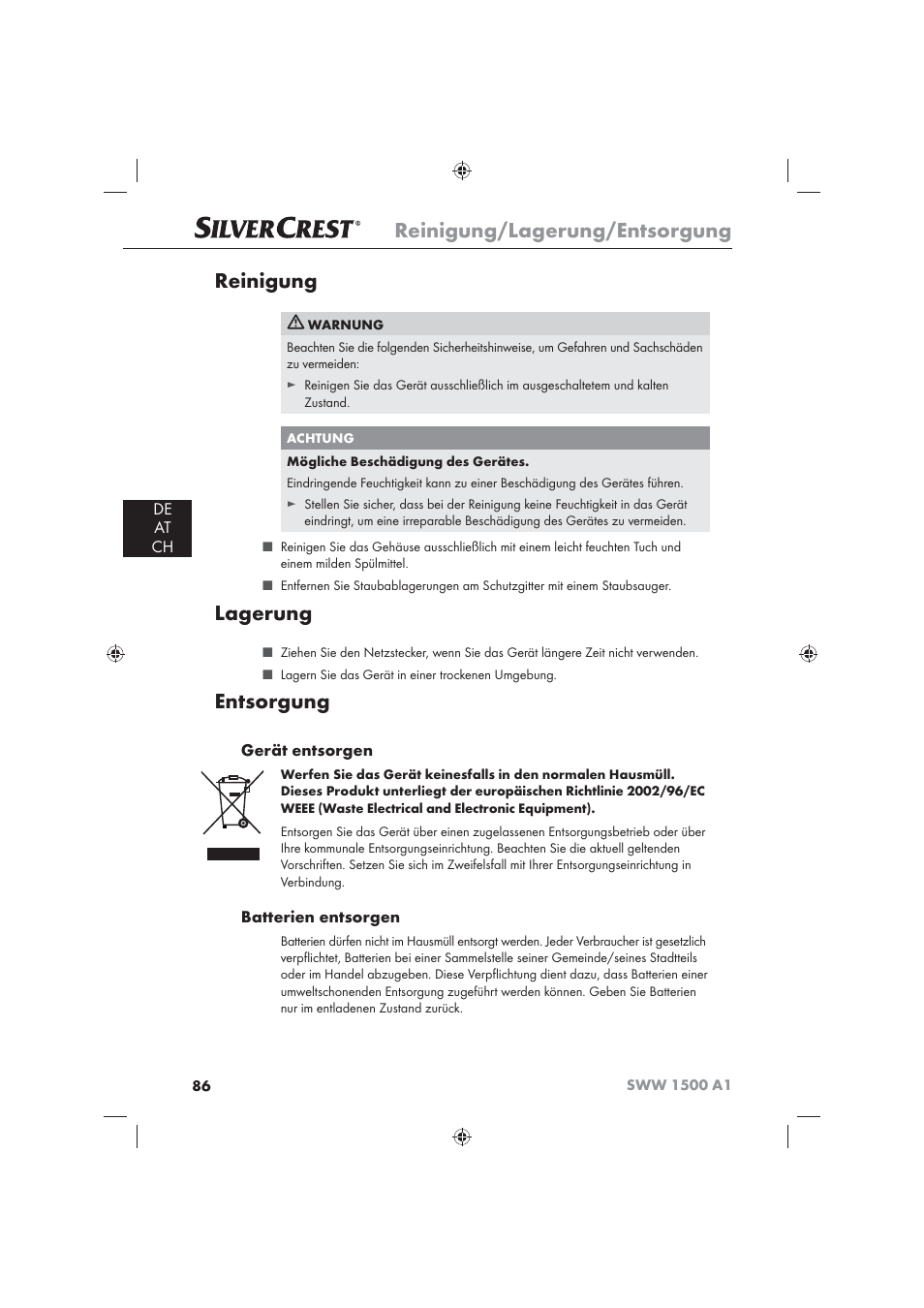 Reinigung/lagerung/entsorgung, Reinigung, Lagerung | Entsorgung, De at ch, Gerät entsorgen, Batterien entsorgen | Silvercrest SWW 1500 A1 User Manual | Page 88 / 92