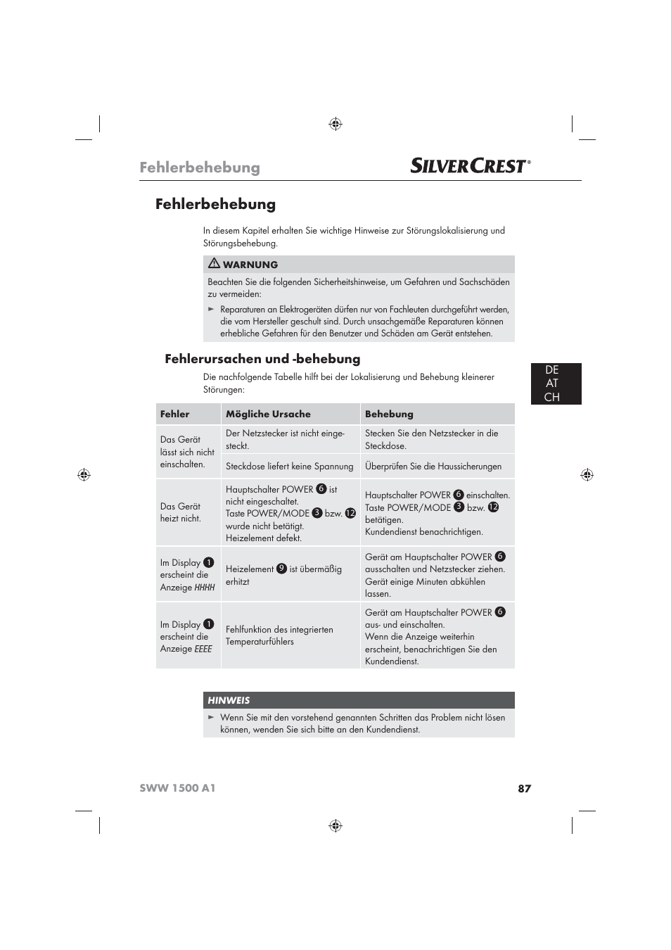 Fehlerbehebung, Fehlerursachen und -behebung, De at ch | Silvercrest SWW 1500 A1 User Manual | Page 89 / 92