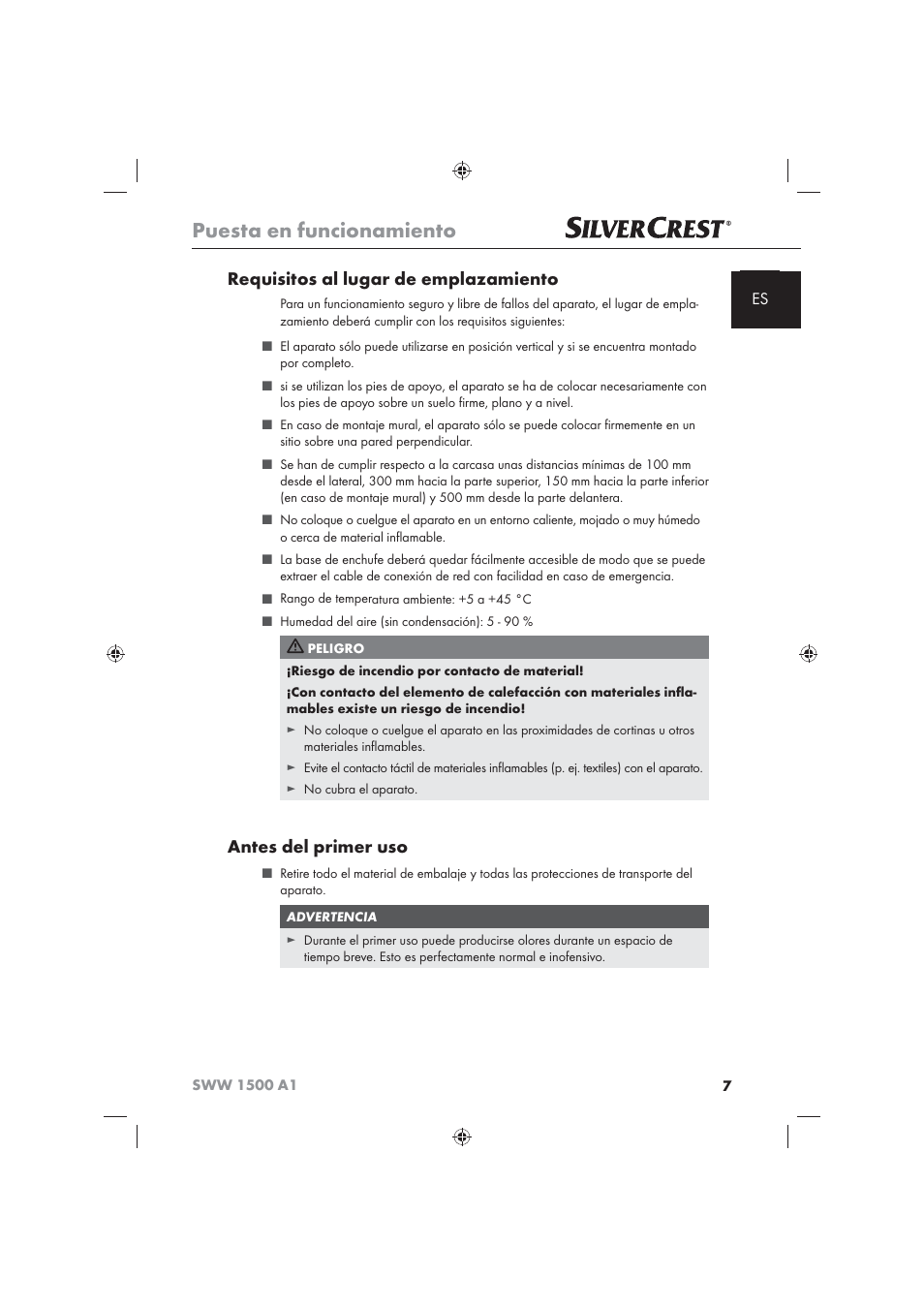 Puesta en funcionamiento, Requisitos al lugar de emplazamiento, Antes del primer uso | Silvercrest SWW 1500 A1 User Manual | Page 9 / 92