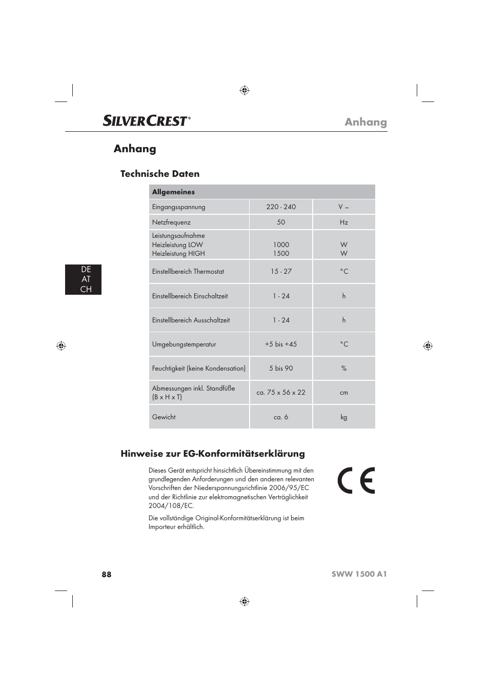 Anhang, Technische daten, Hinweise zur eg-konformitätserklärung | De at ch | Silvercrest SWW 1500 A1 User Manual | Page 90 / 92