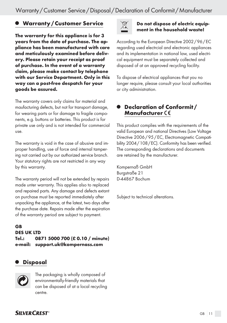 Warranty / customer service, Disposal, Declaration of conformit / manufacturer | Silvercrest SAS 150 A1 User Manual | Page 11 / 60