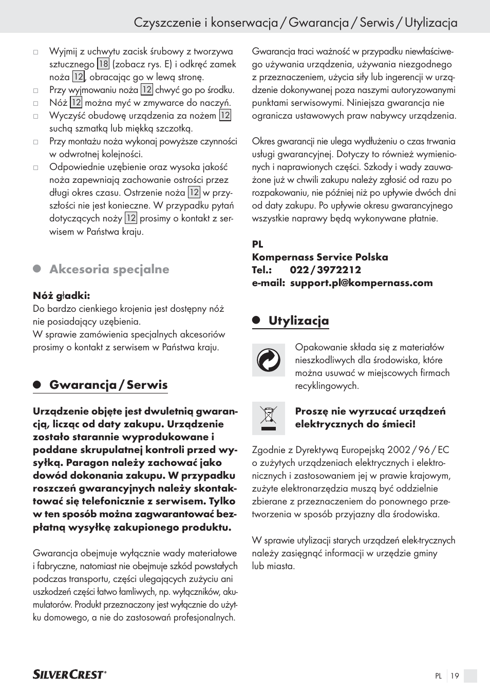 Akcesoria specjalne, Gwarancja / serwis, Utylizacja | Silvercrest SAS 150 A1 User Manual | Page 19 / 60