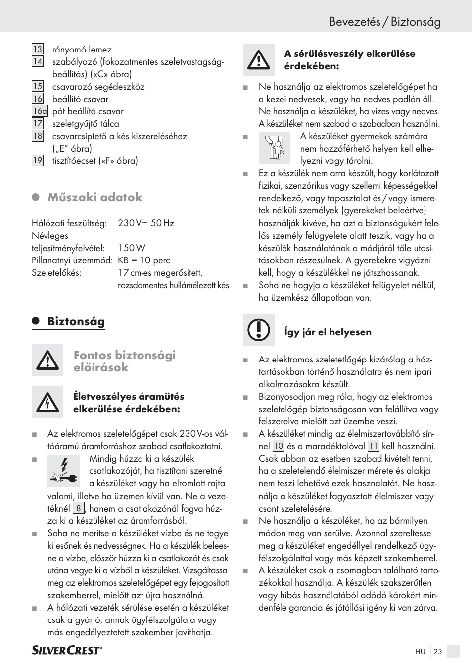 Bevezetés / biztonság, Műszaki adatok, Biztonság fontos biztonsági előírások | Silvercrest SAS 150 A1 User Manual | Page 23 / 60