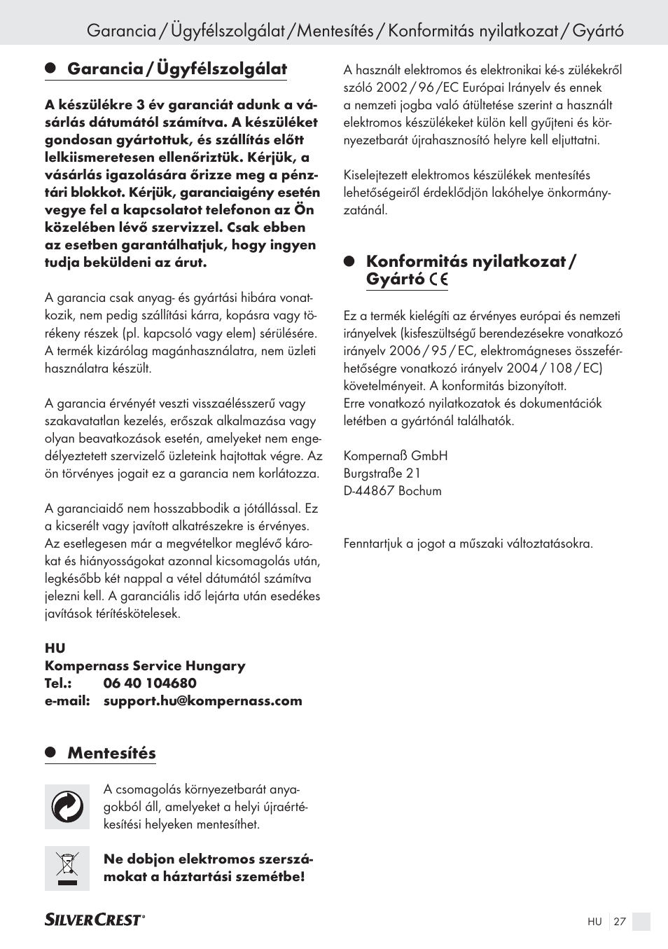 Garancia / ügyfélszolgálat, Mentesítés, Konformitás nyilatkozat / gyártó | Silvercrest SAS 150 A1 User Manual | Page 27 / 60