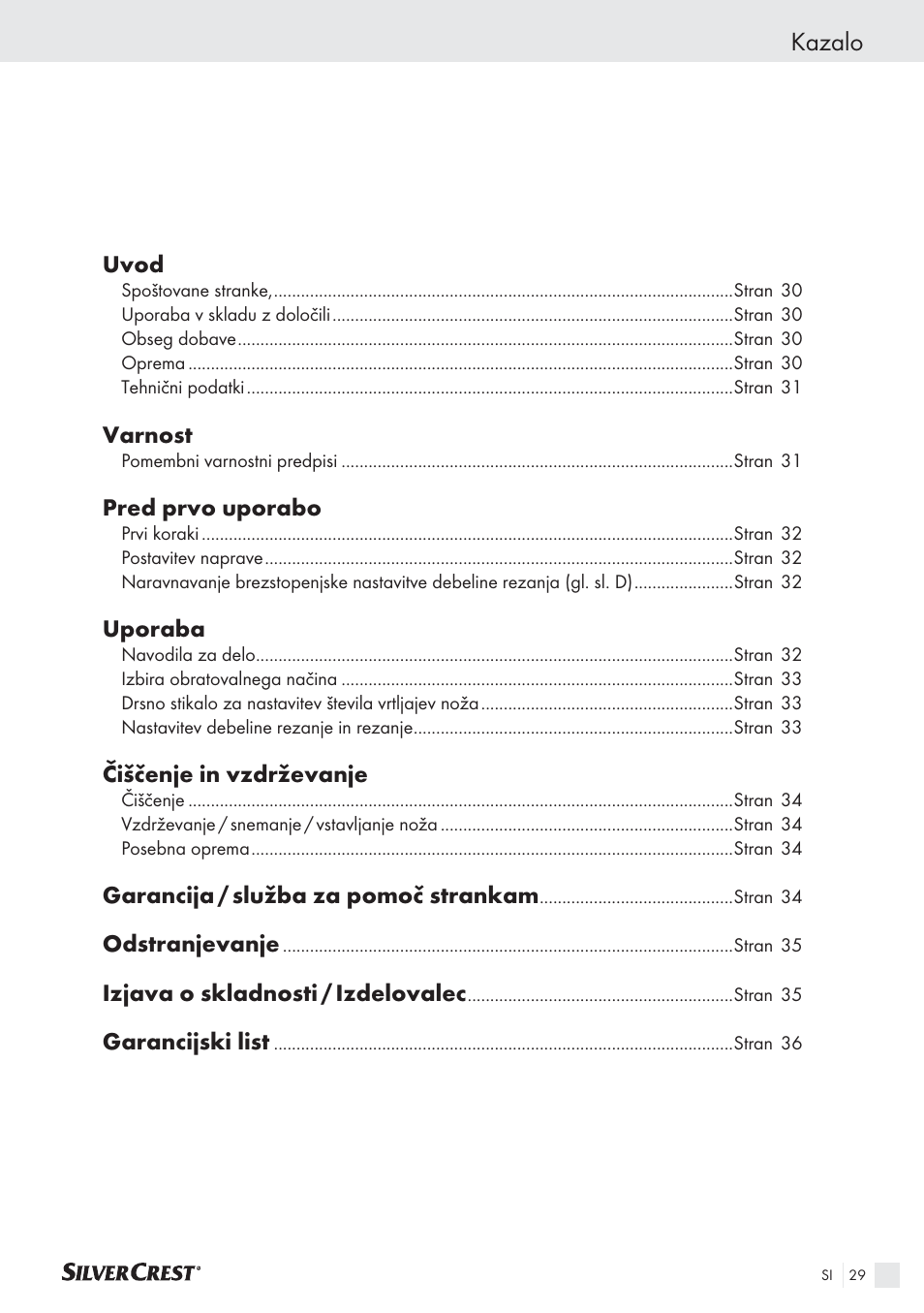 Kazalo | Silvercrest SAS 150 A1 User Manual | Page 29 / 60