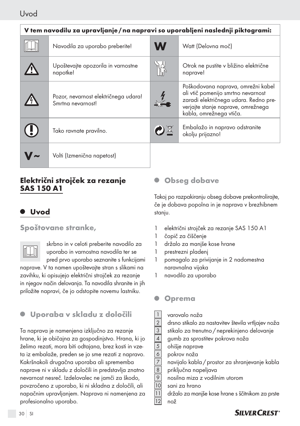 Uvod, Električni strojček za rezanje sas 150 a1, Uvod spoštovane stranke | Uporaba v skladu z določili, Obseg dobave, Oprema | Silvercrest SAS 150 A1 User Manual | Page 30 / 60