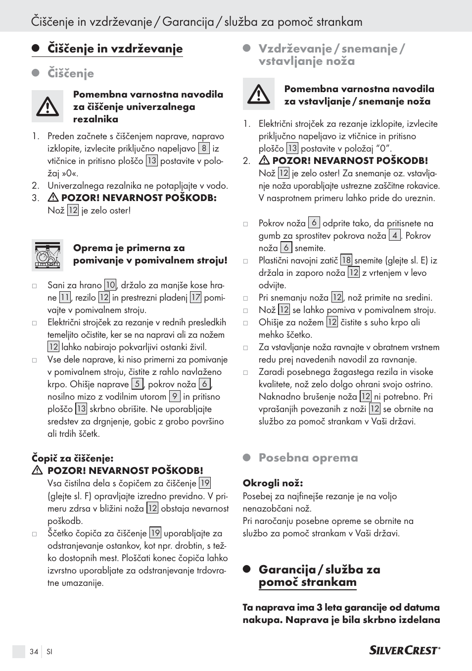 Čiščenje in vzdrževanje, Čiščenje, Vzdrževanje / snemanje / vstavljanje noža | Posebna oprema, Garancija / služba za pomoč strankam | Silvercrest SAS 150 A1 User Manual | Page 34 / 60