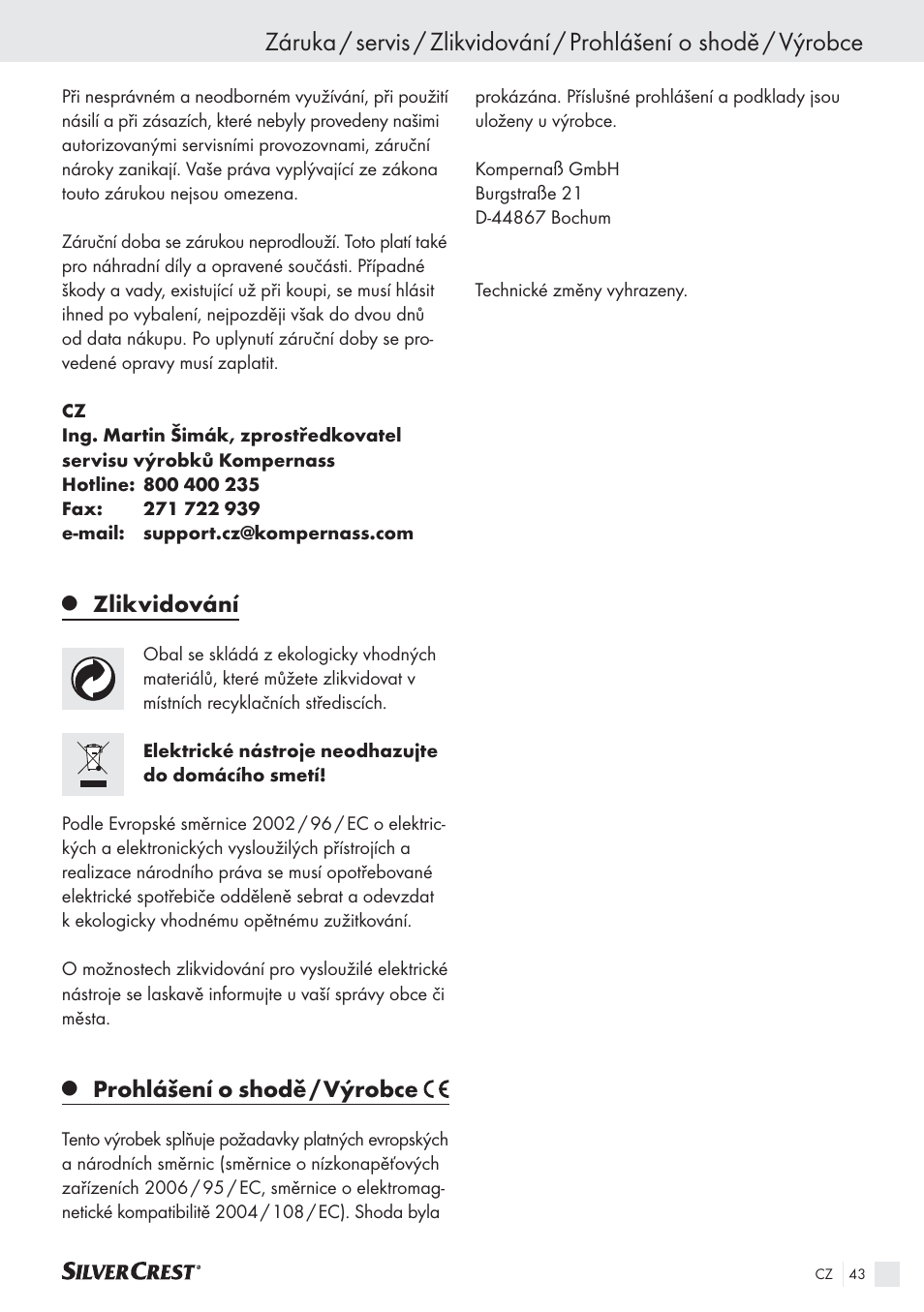 Zlikvidování, Prohlášení o shodě / výrobce | Silvercrest SAS 150 A1 User Manual | Page 43 / 60