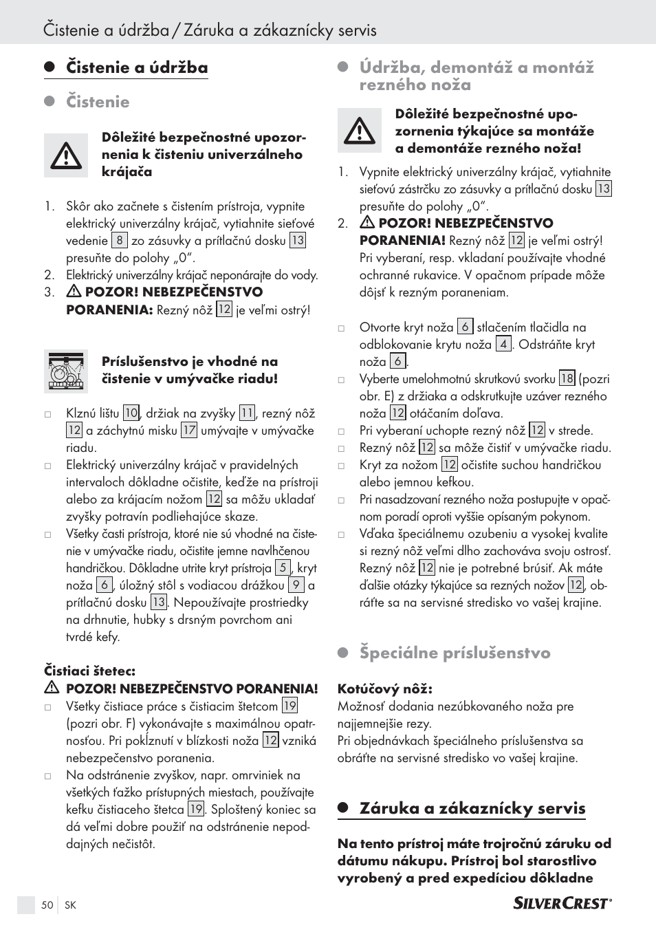 Čistenie a údržba / záruka a zákaznícky servis, Čistenie a údržba, Čistenie | Údržba, demontáž a montáž rezného noža, Špeciálne príslušenstvo, Záruka a zákaznícky servis | Silvercrest SAS 150 A1 User Manual | Page 50 / 60