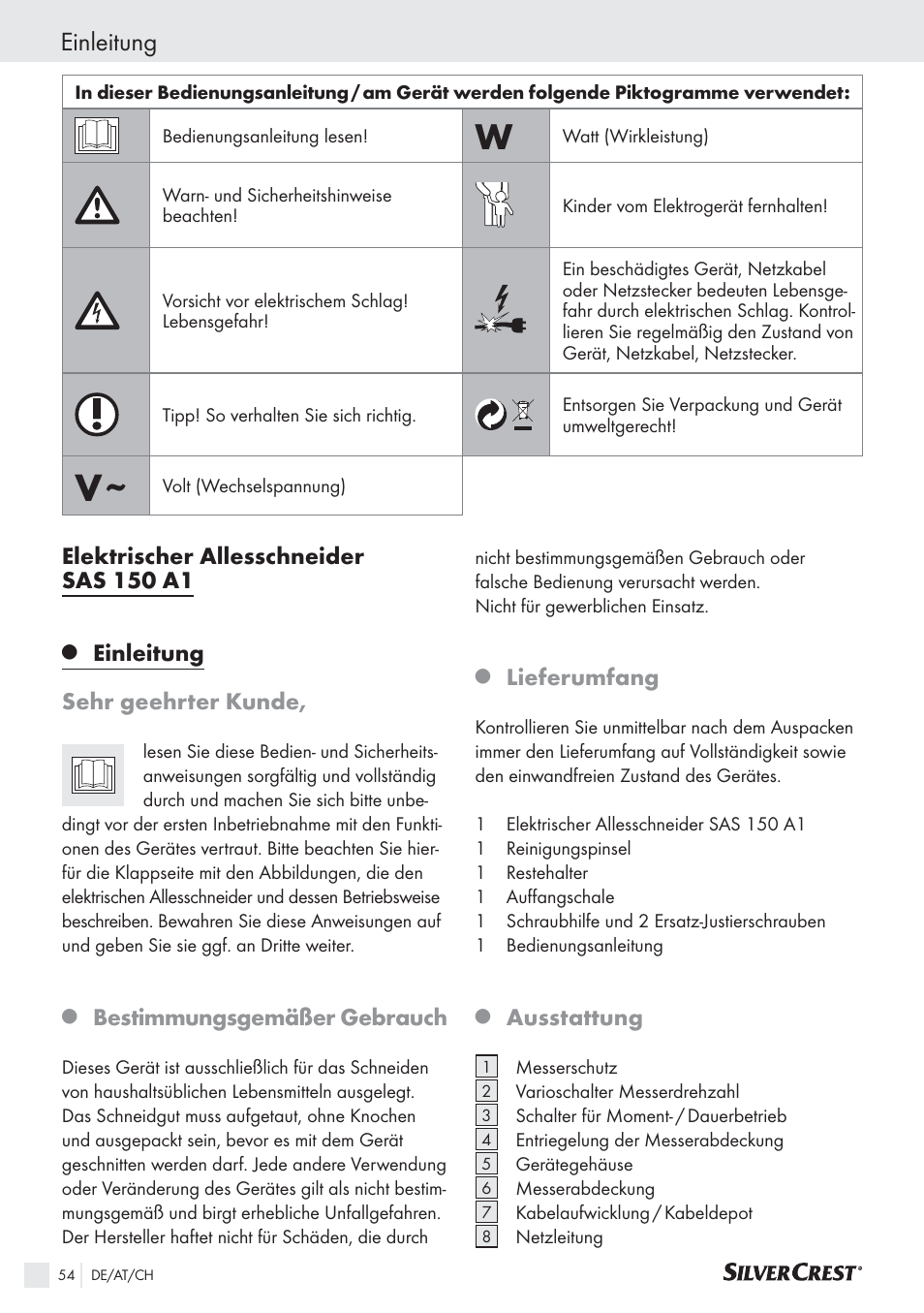 Einleitung, Elektrischer allesschneider sas 150 a1, Einleitung sehr geehrter kunde | Bestimmungsgemäßer gebrauch, Lieferumfang, Ausstattung | Silvercrest SAS 150 A1 User Manual | Page 54 / 60