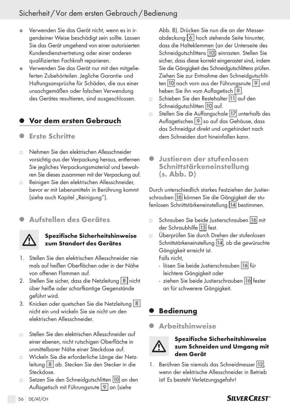 Sicherheit / vor dem ersten gebrauch / bedienung, Vor dem ersten gebrauch, Erste schritte | Aufstellen des gerätes, Bedienung, Arbeitshinweise | Silvercrest SAS 150 A1 User Manual | Page 56 / 60