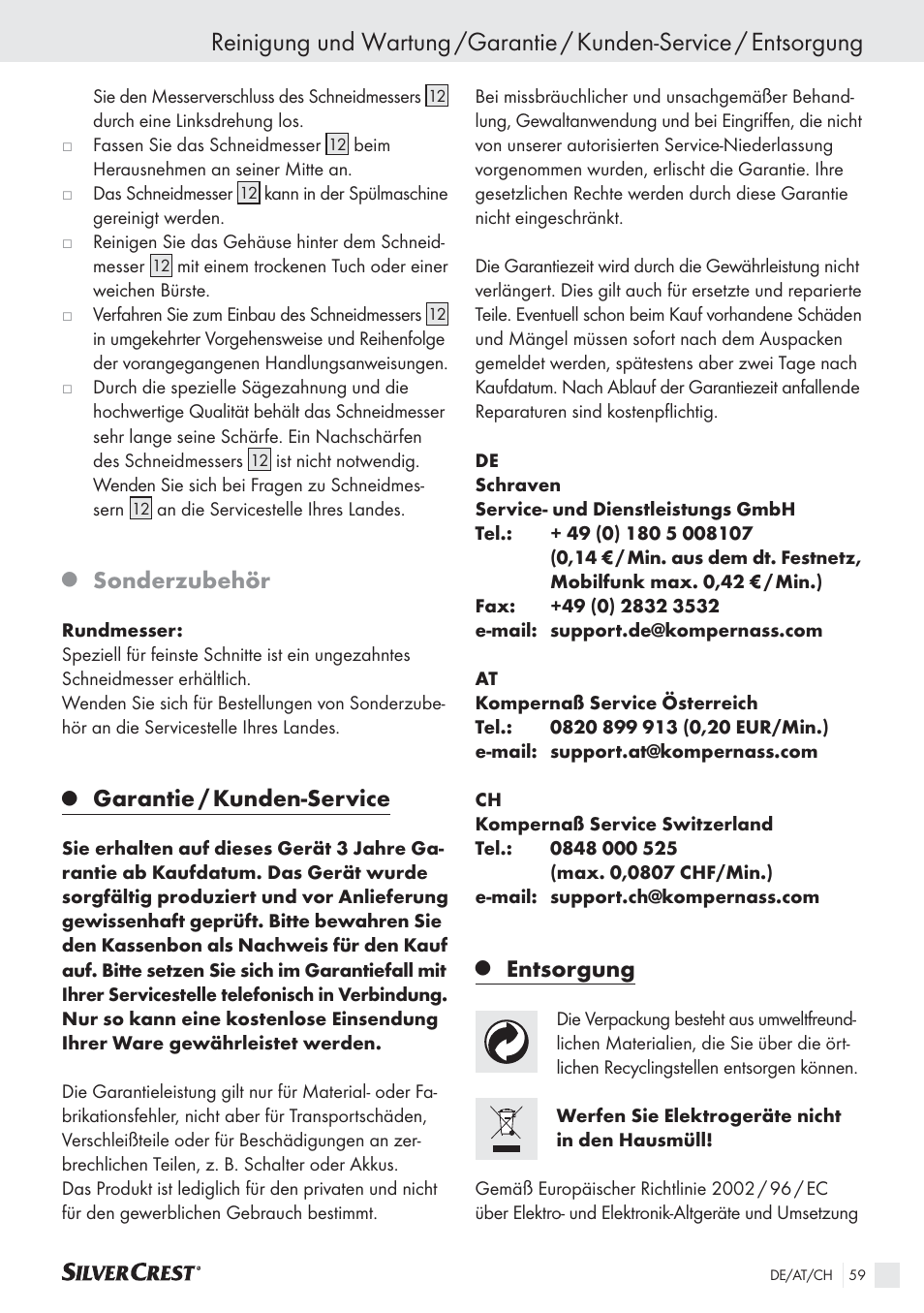 Sonderzubehör, Garantie / kunden-service, Entsorgung | Silvercrest SAS 150 A1 User Manual | Page 59 / 60