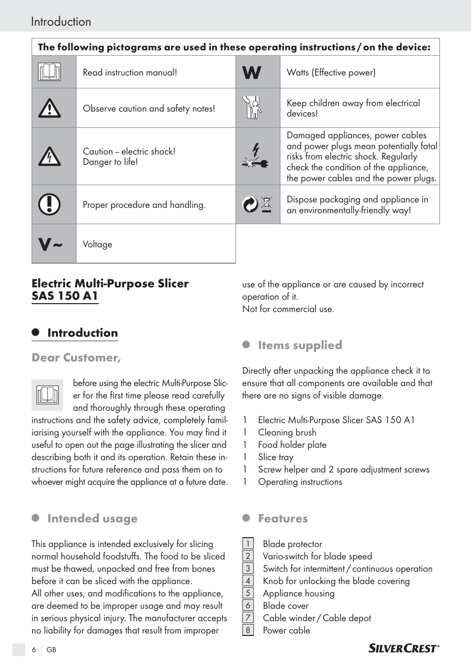 Introduction, Electric multi-purpose slicer sas 150 a1, Introduction dear customer | Intended usage, Items supplied, Features | Silvercrest SAS 150 A1 User Manual | Page 6 / 60