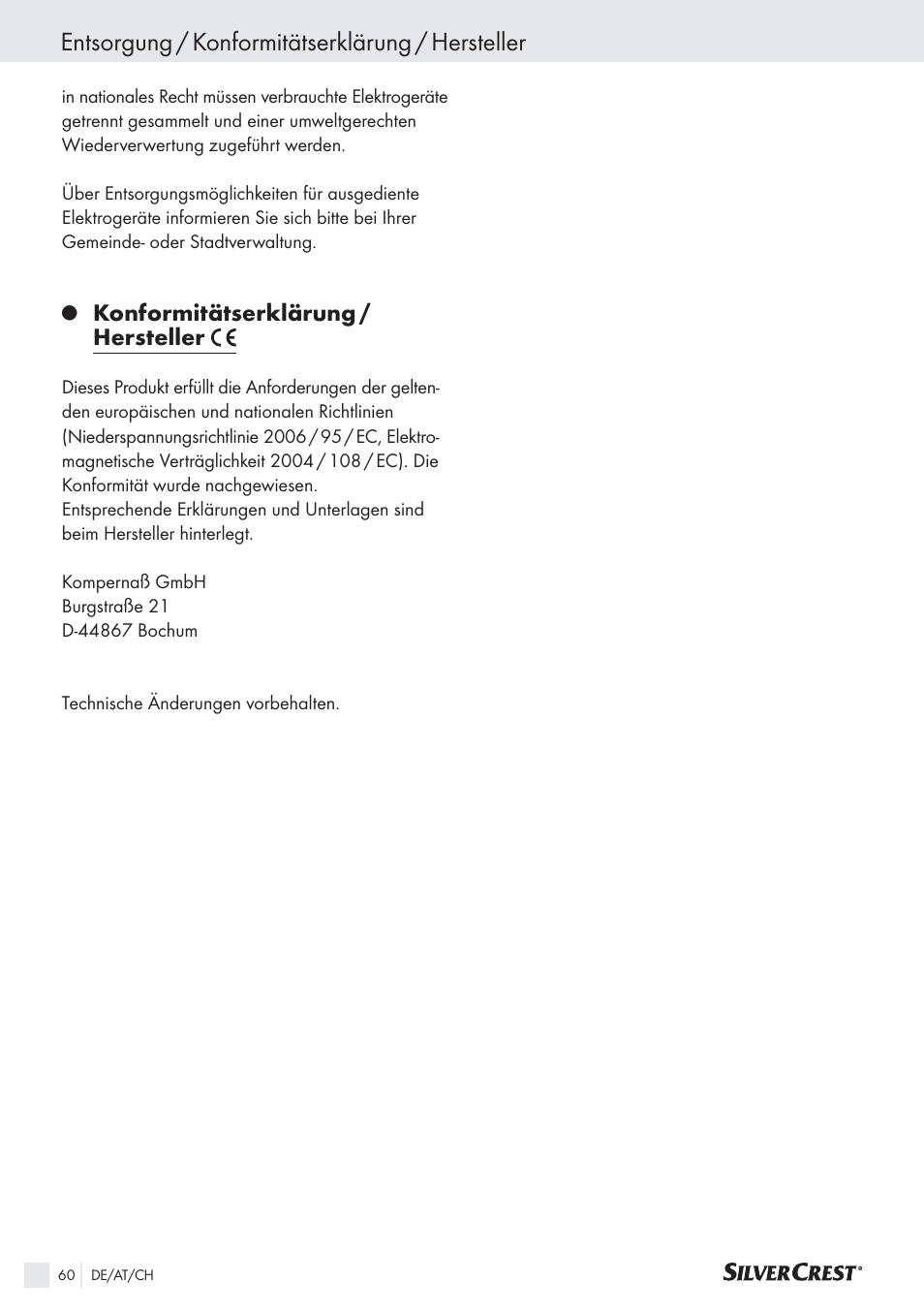 Entsorgung / konformitätserklärung / hersteller, Konformitätserklärung / hersteller | Silvercrest SAS 150 A1 User Manual | Page 60 / 60