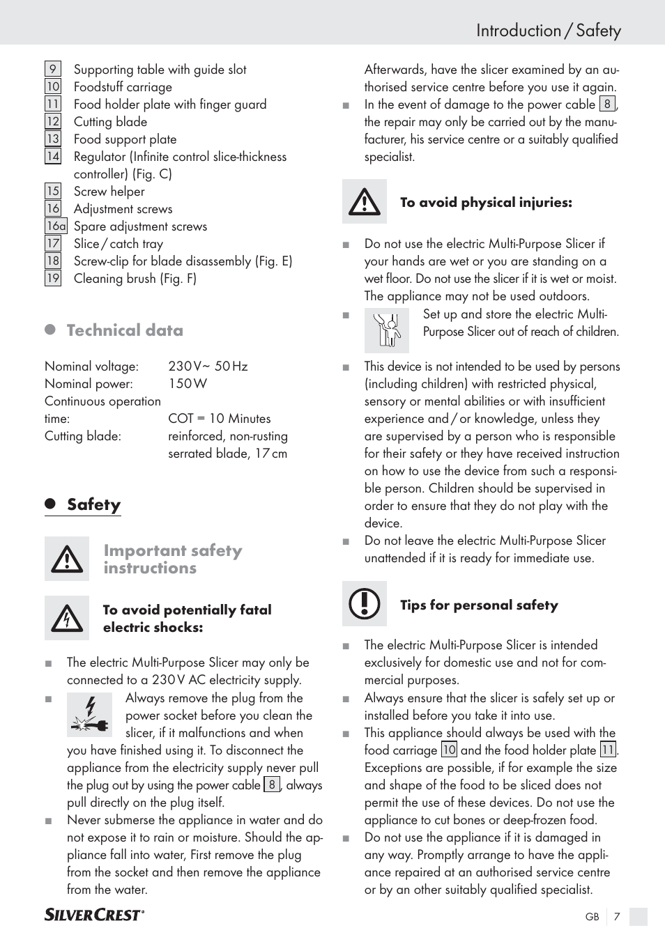 Introduction / safety, Technical data, Safety important safety instructions | Silvercrest SAS 150 A1 User Manual | Page 7 / 60