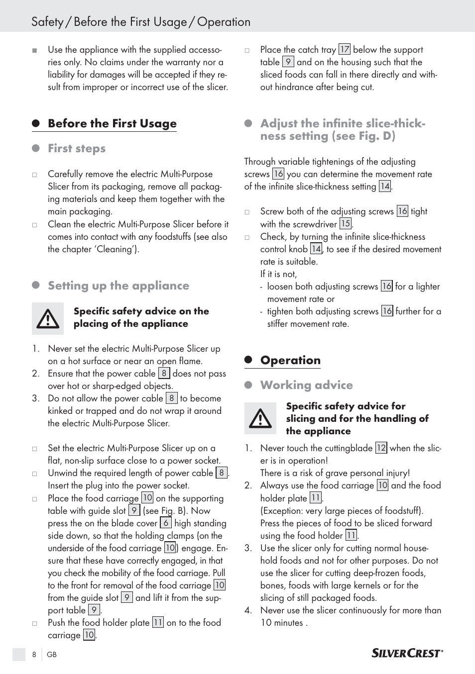 Safety / before the first usage / operation, Before the first usage, First steps | Setting up the appliance, Operation, Working advice | Silvercrest SAS 150 A1 User Manual | Page 8 / 60