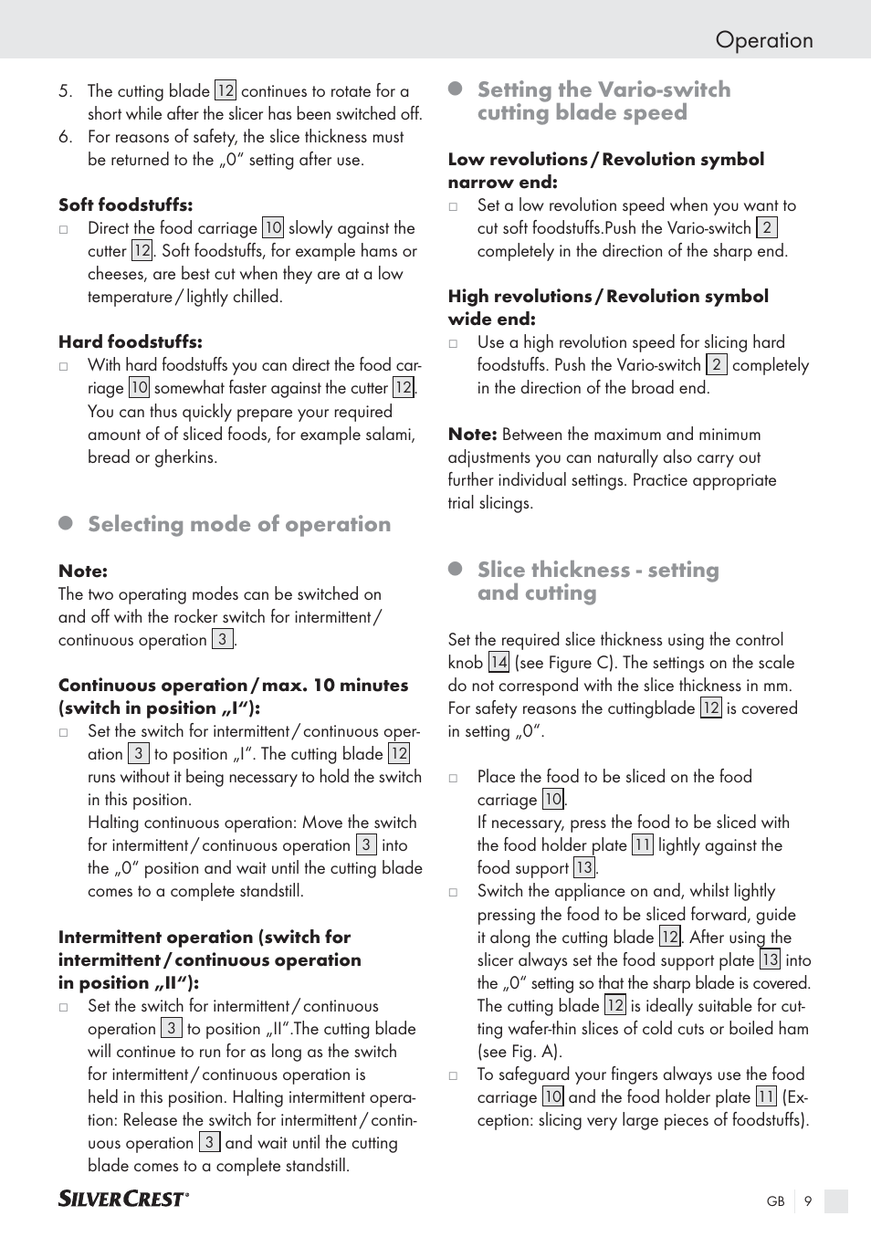 Operation, Selecting mode of operation, Setting the vario-switch cutting blade speed | Slice thickness - setting and cutting | Silvercrest SAS 150 A1 User Manual | Page 9 / 60