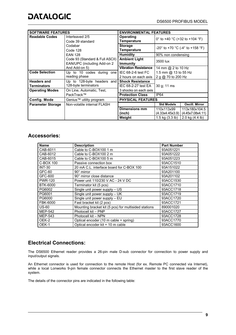 Accessories, Electrical connections | Datalogic Scanning DS6500-100-015 User Manual | Page 11 / 36