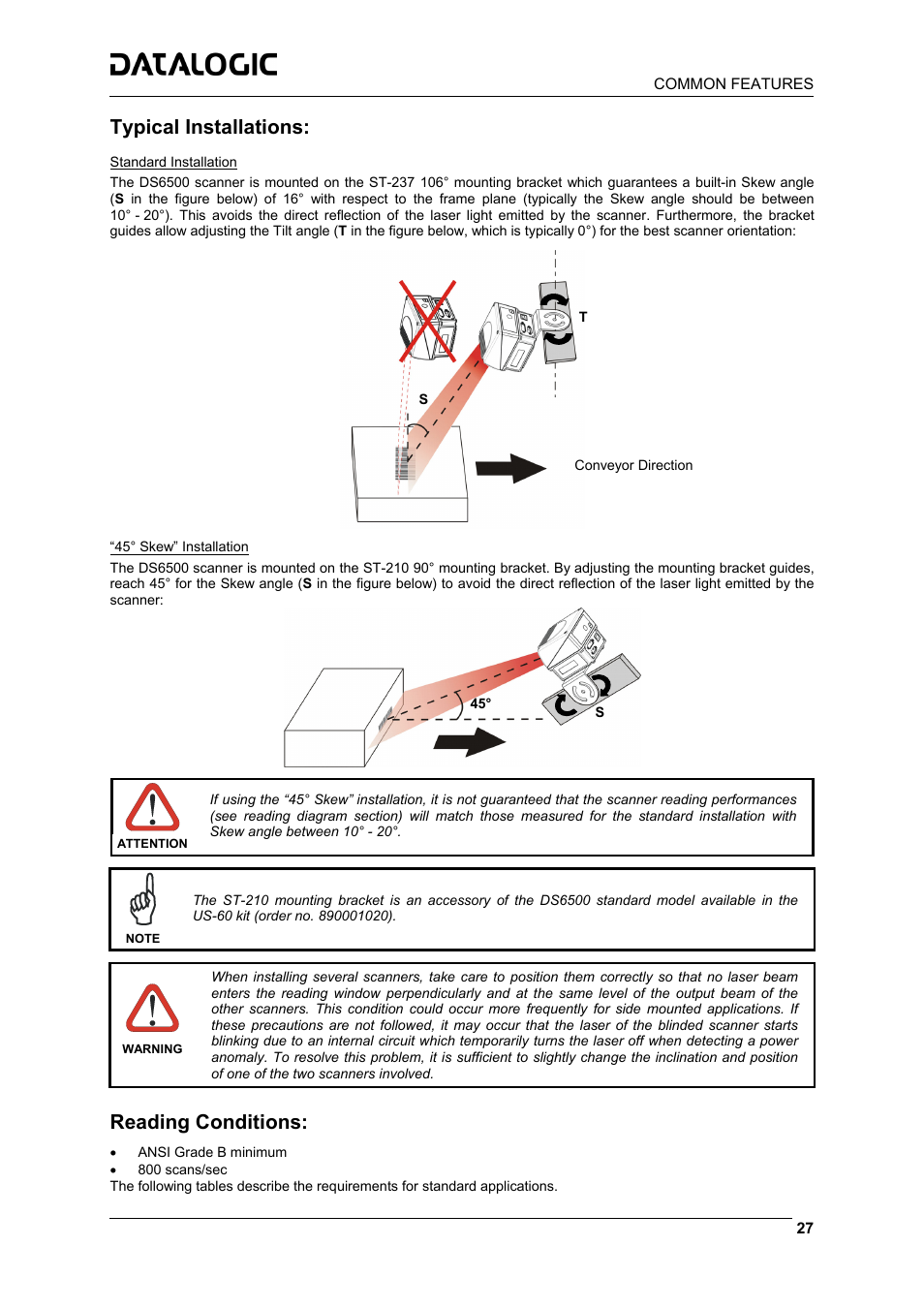 Typical installations, Reading conditions | Datalogic Scanning DS6500-100-015 User Manual | Page 29 / 36