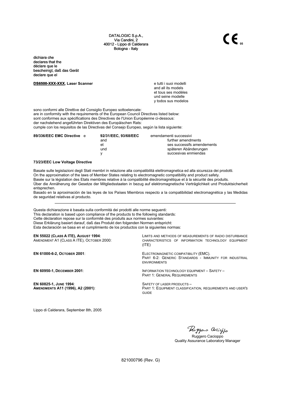 Declaration of conformity | Datalogic Scanning DS6500-100-015 User Manual | Page 36 / 36