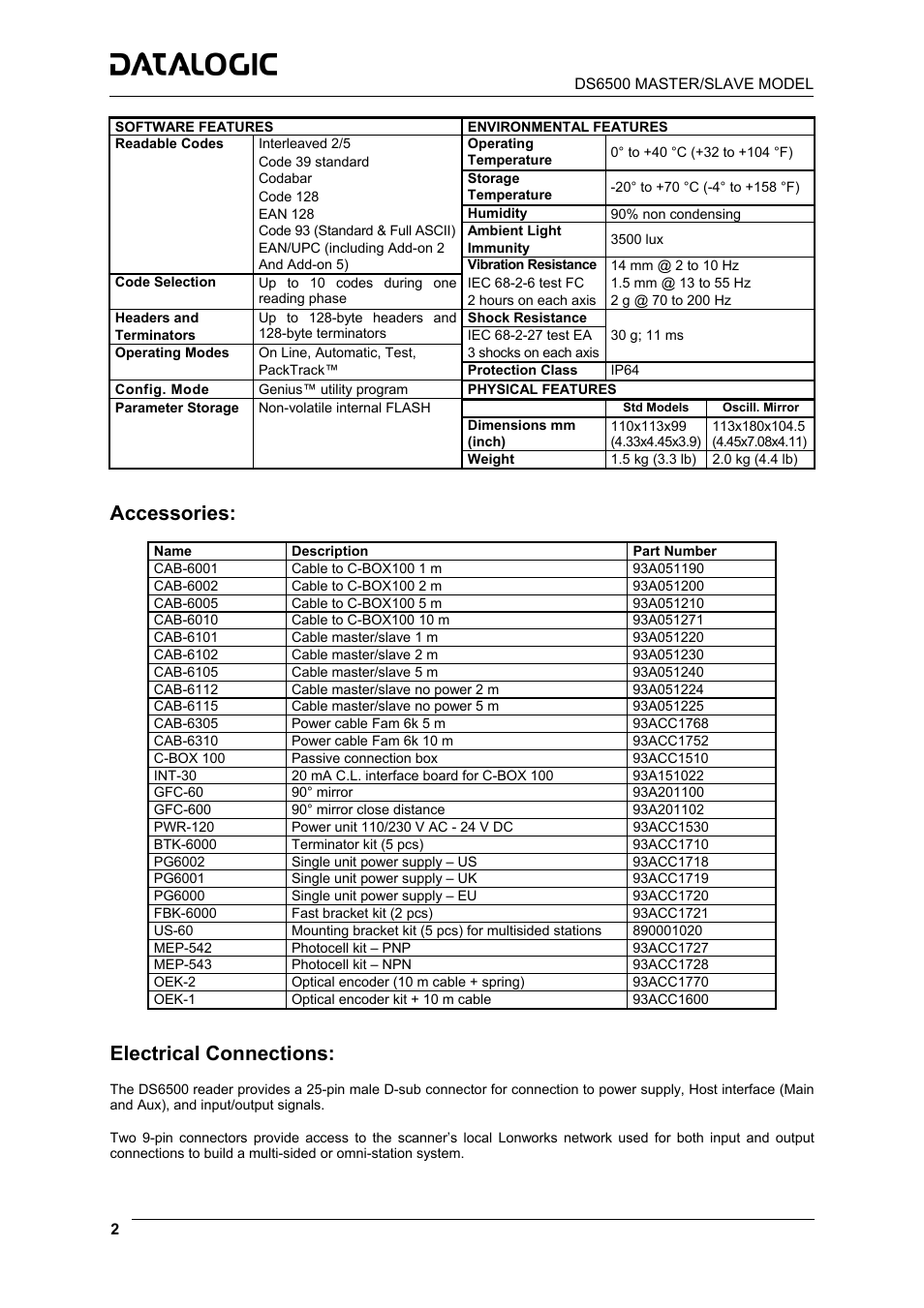 Accessories, Electrical connections | Datalogic Scanning DS6500-100-015 User Manual | Page 4 / 36