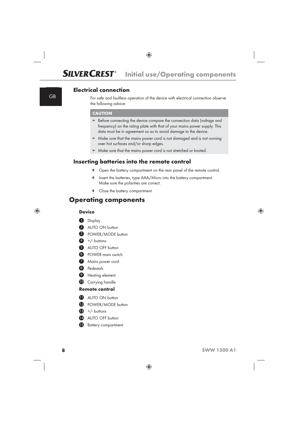 Initial use/operating components, Operating components, Electrical connection | Inserting batteries into the remote control | Silvercrest SWW 1500 A1 User Manual | Page 10 / 128