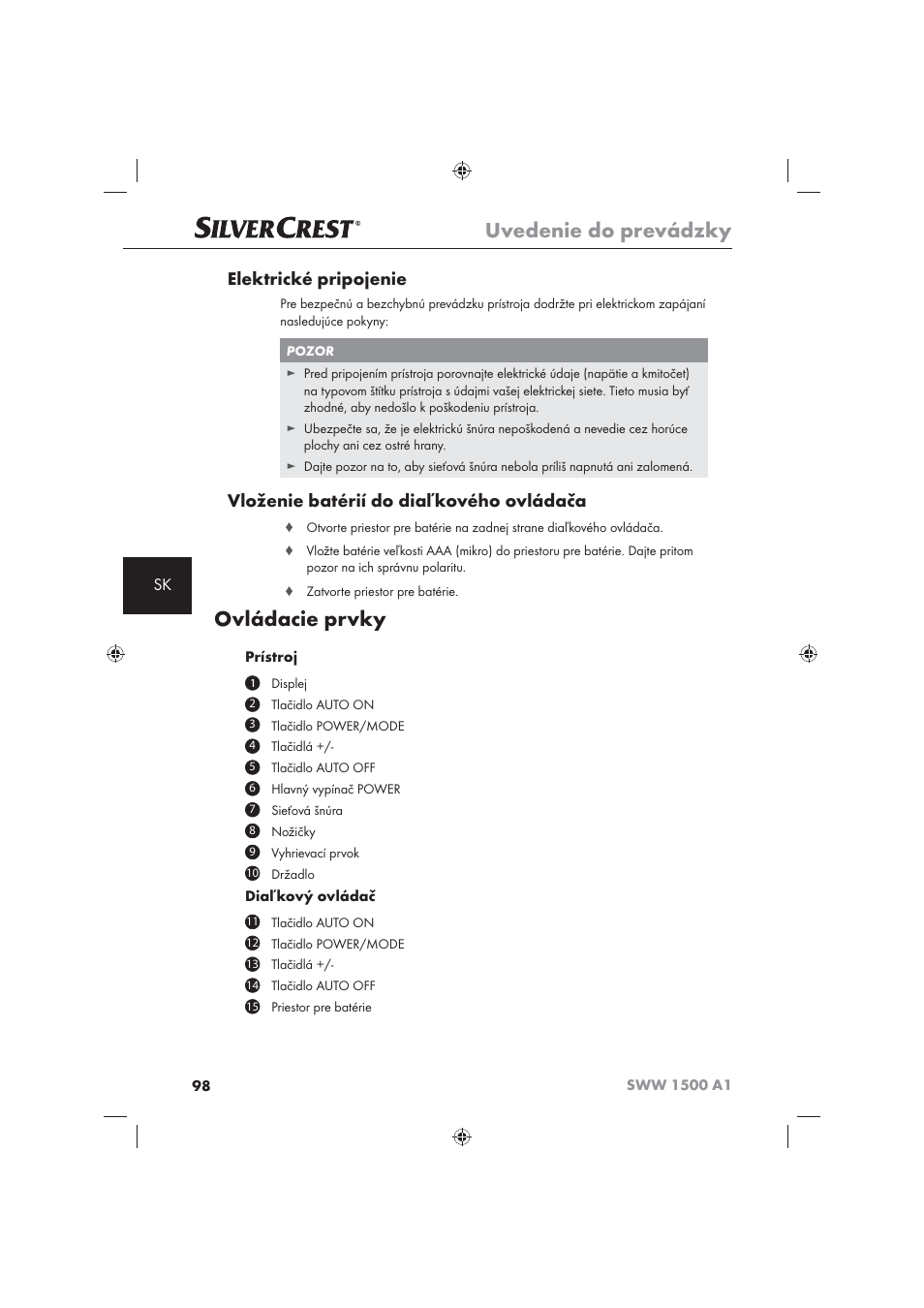 Uvedenie do prevádzky, Ovládacie prvky, Elektrické pripojenie | Vloženie batérií do diaľkového ovládača | Silvercrest SWW 1500 A1 User Manual | Page 100 / 128