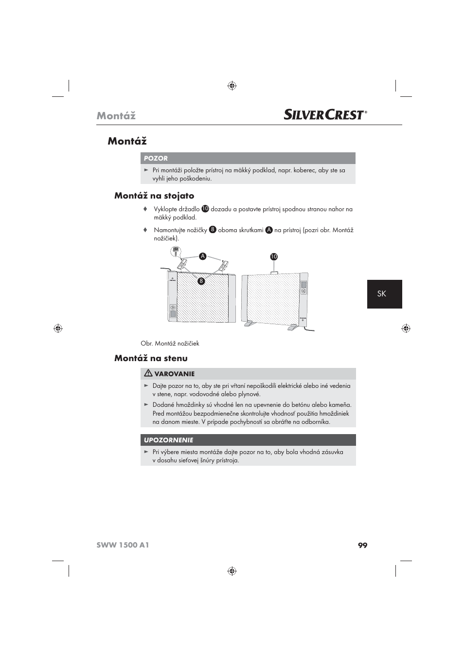 Montáž, Montáž na stojato, Montáž na stenu | Silvercrest SWW 1500 A1 User Manual | Page 101 / 128