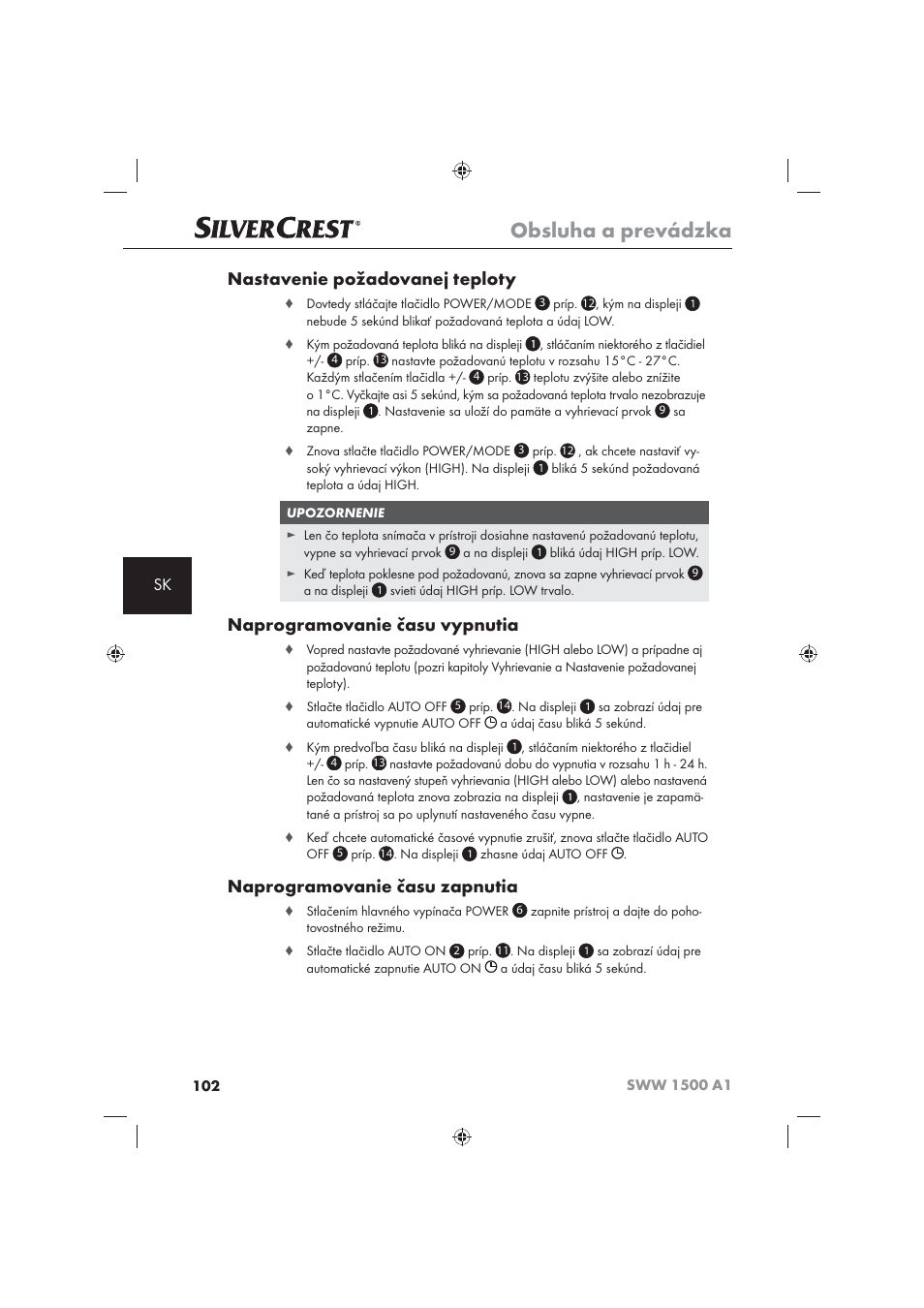 Obsluha a prevádzka, Nastavenie požadovanej teploty, Naprogramovanie času vypnutia | Naprogramovanie času zapnutia | Silvercrest SWW 1500 A1 User Manual | Page 104 / 128