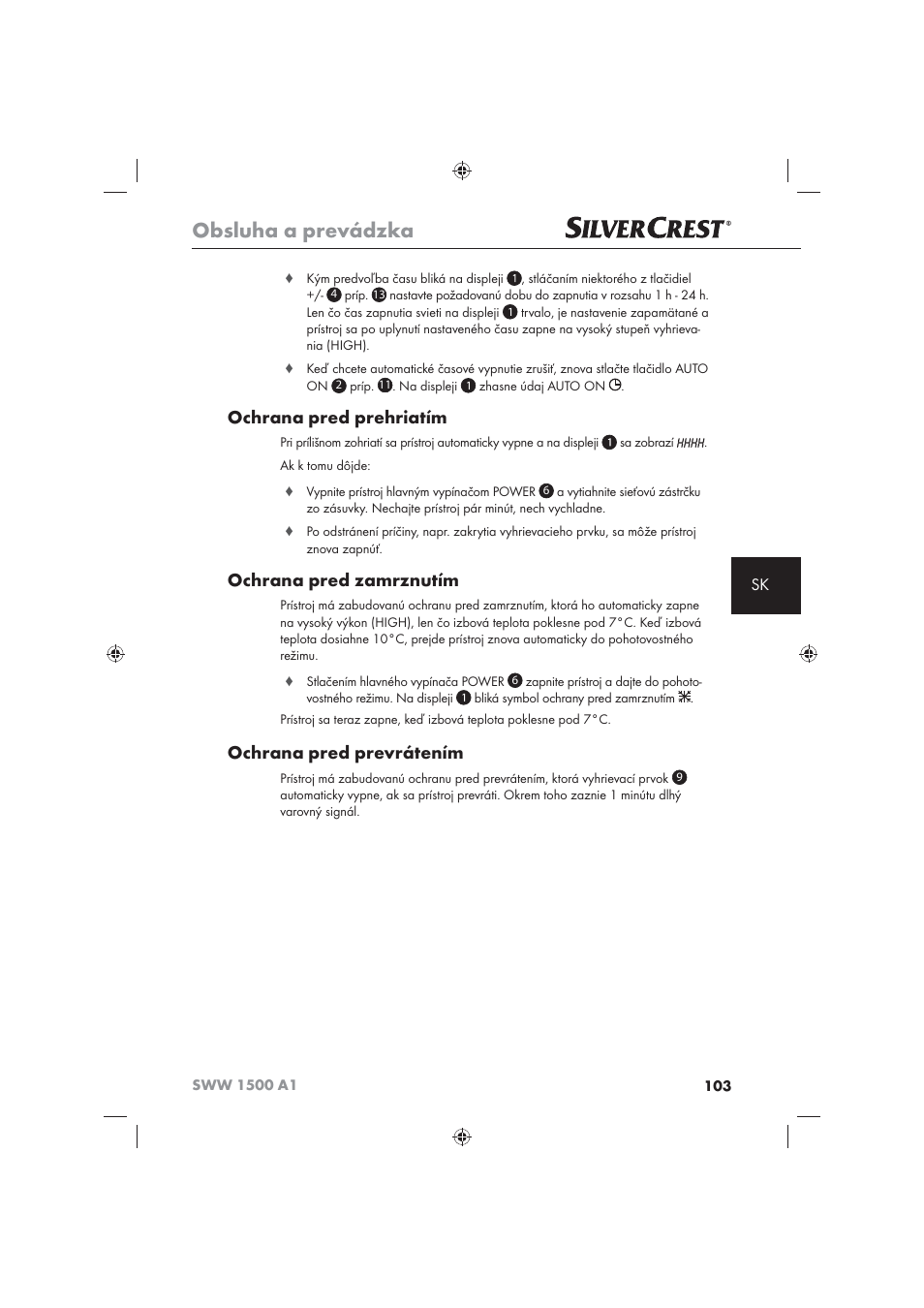 Obsluha a prevádzka, Ochrana pred prehriatím, Ochrana pred zamrznutím | Ochrana pred prevrátením | Silvercrest SWW 1500 A1 User Manual | Page 105 / 128