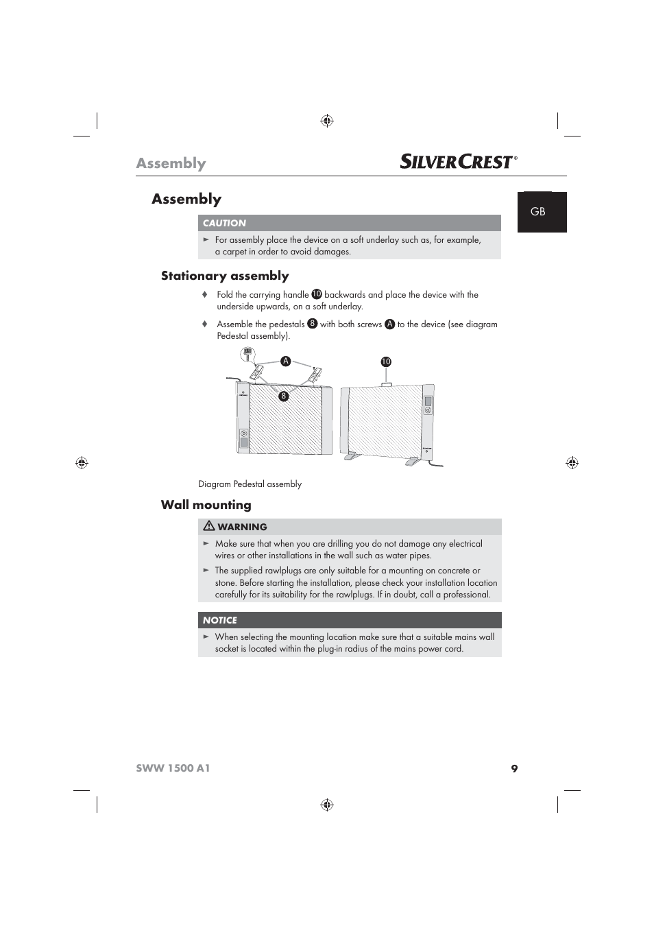 Assembly, Stationary assembly, Wall mounting | Silvercrest SWW 1500 A1 User Manual | Page 11 / 128