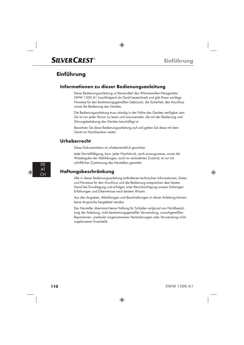 Einführung, Informationen zu dieser bedienungsanleitung, Urheberrecht | Haftungsbeschränkung, De at ch | Silvercrest SWW 1500 A1 User Manual | Page 112 / 128