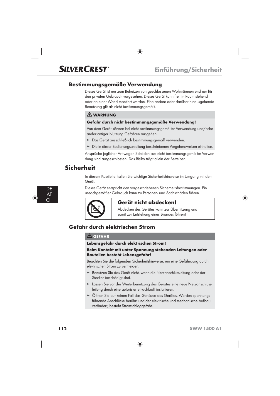 Einführung/sicherheit, Sicherheit, Bestimmungsgemäße verwendung | Gerät nicht abdecken, Gefahr durch elektrischen strom, De at ch | Silvercrest SWW 1500 A1 User Manual | Page 114 / 128