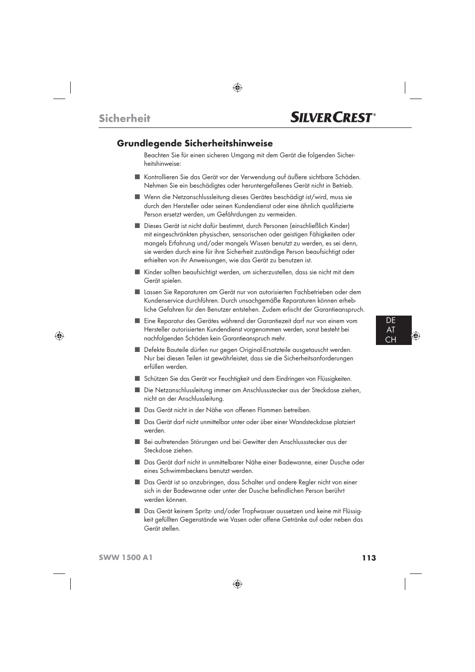 Sicherheit, Grundlegende sicherheitshinweise, De at ch | Silvercrest SWW 1500 A1 User Manual | Page 115 / 128