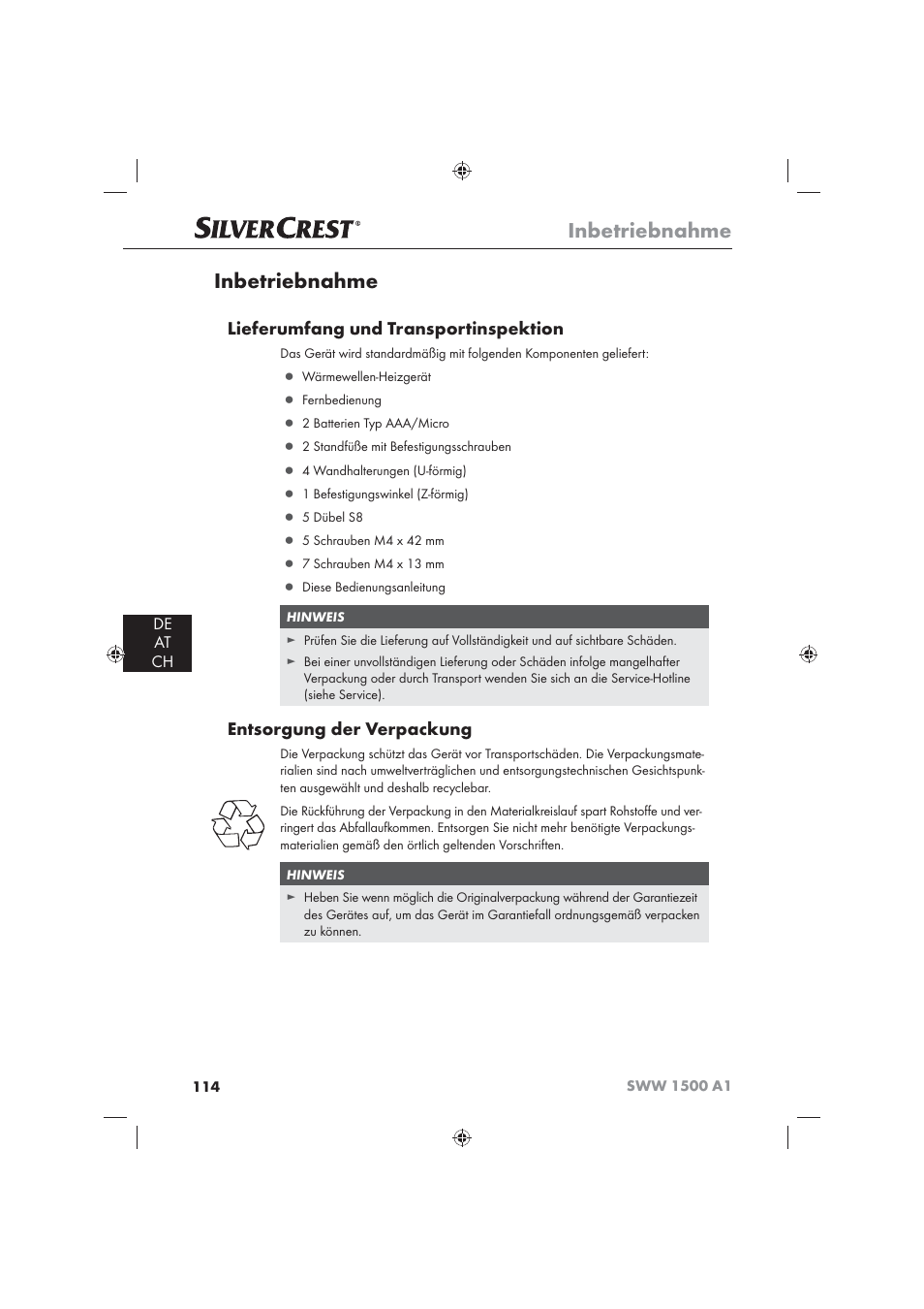 Inbetriebnahme, Lieferumfang und transportinspektion, Entsorgung der verpackung | De at ch | Silvercrest SWW 1500 A1 User Manual | Page 116 / 128