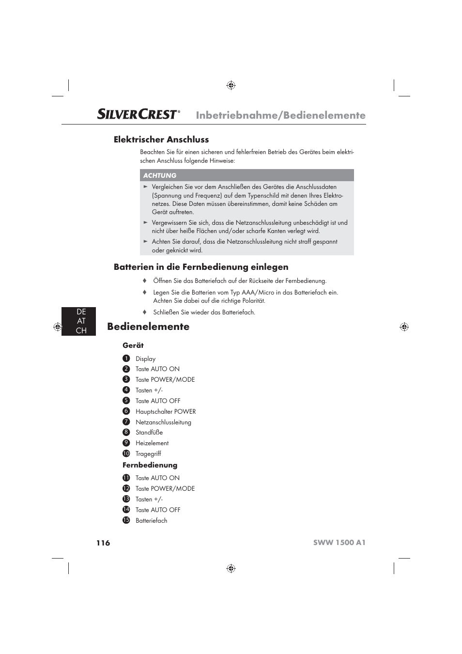 Inbetriebnahme/bedienelemente, Bedienelemente, Elektrischer anschluss | Batterien in die fernbedienung einlegen, De at ch | Silvercrest SWW 1500 A1 User Manual | Page 118 / 128