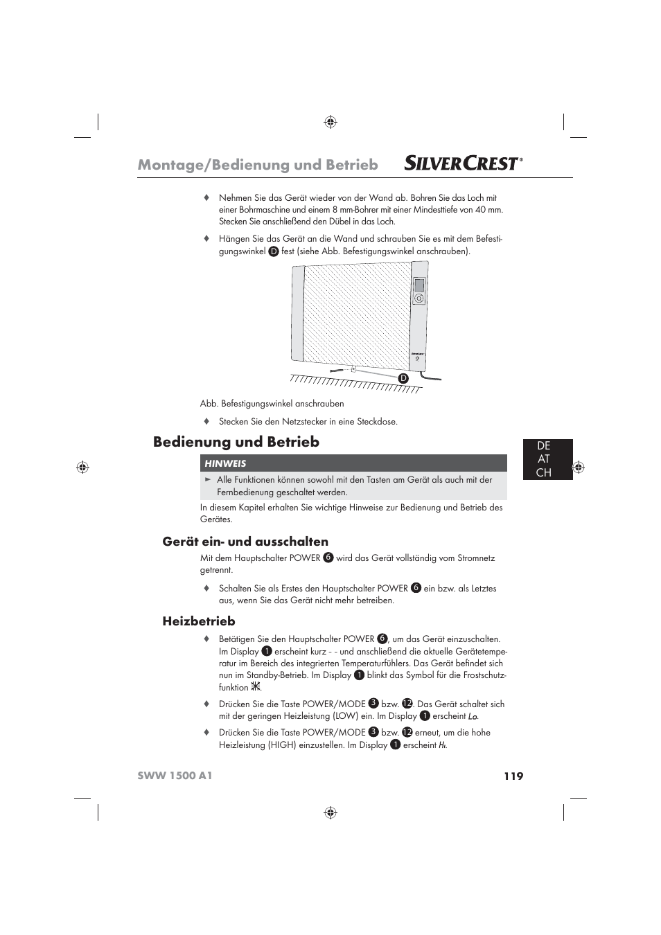 Montage/bedienung und betrieb, Bedienung und betrieb, Gerät ein- und ausschalten | Heizbetrieb, De at ch | Silvercrest SWW 1500 A1 User Manual | Page 121 / 128