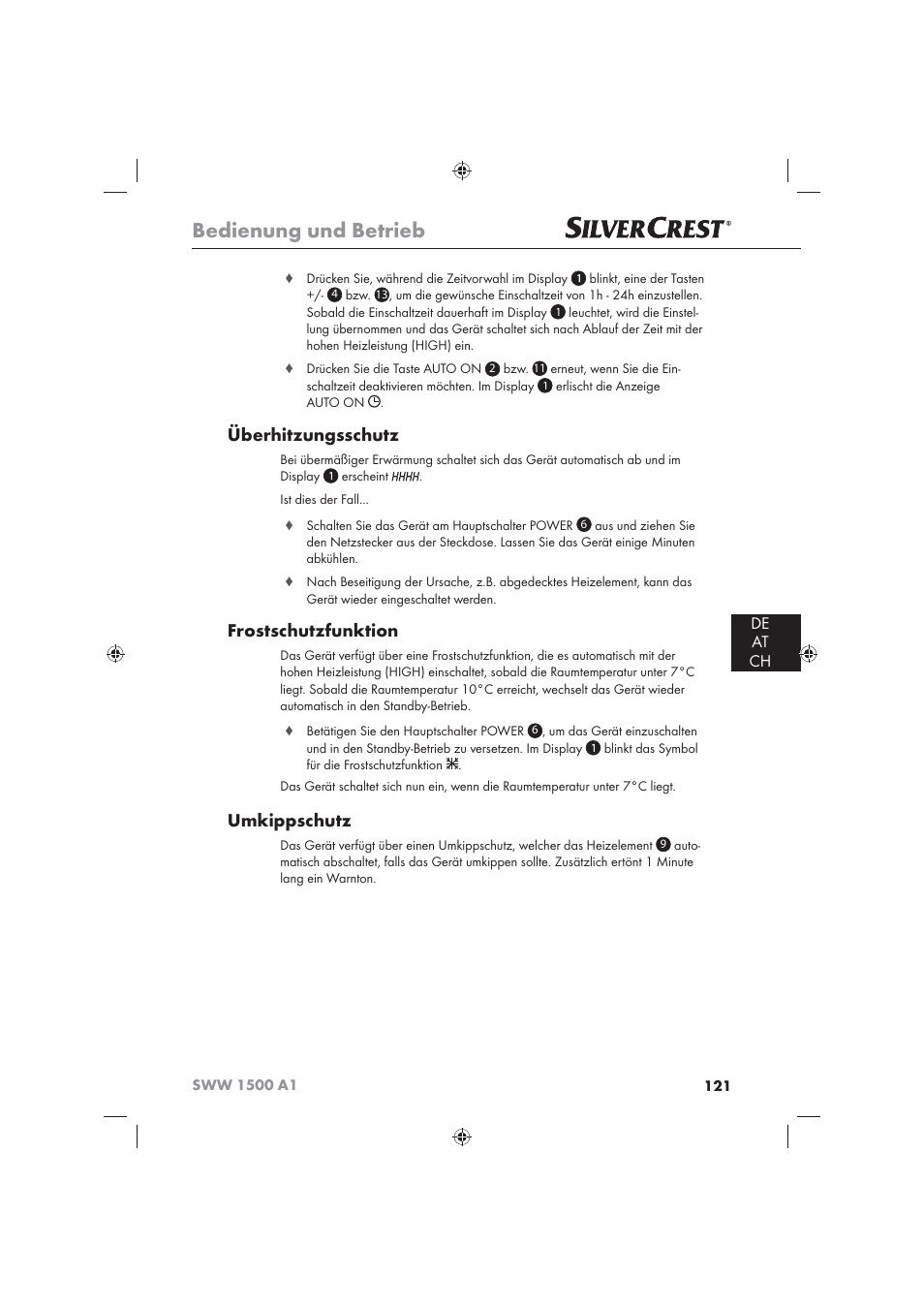 Bedienung und betrieb, Überhitzungsschutz, Frostschutzfunktion | Umkippschutz, De at ch | Silvercrest SWW 1500 A1 User Manual | Page 123 / 128