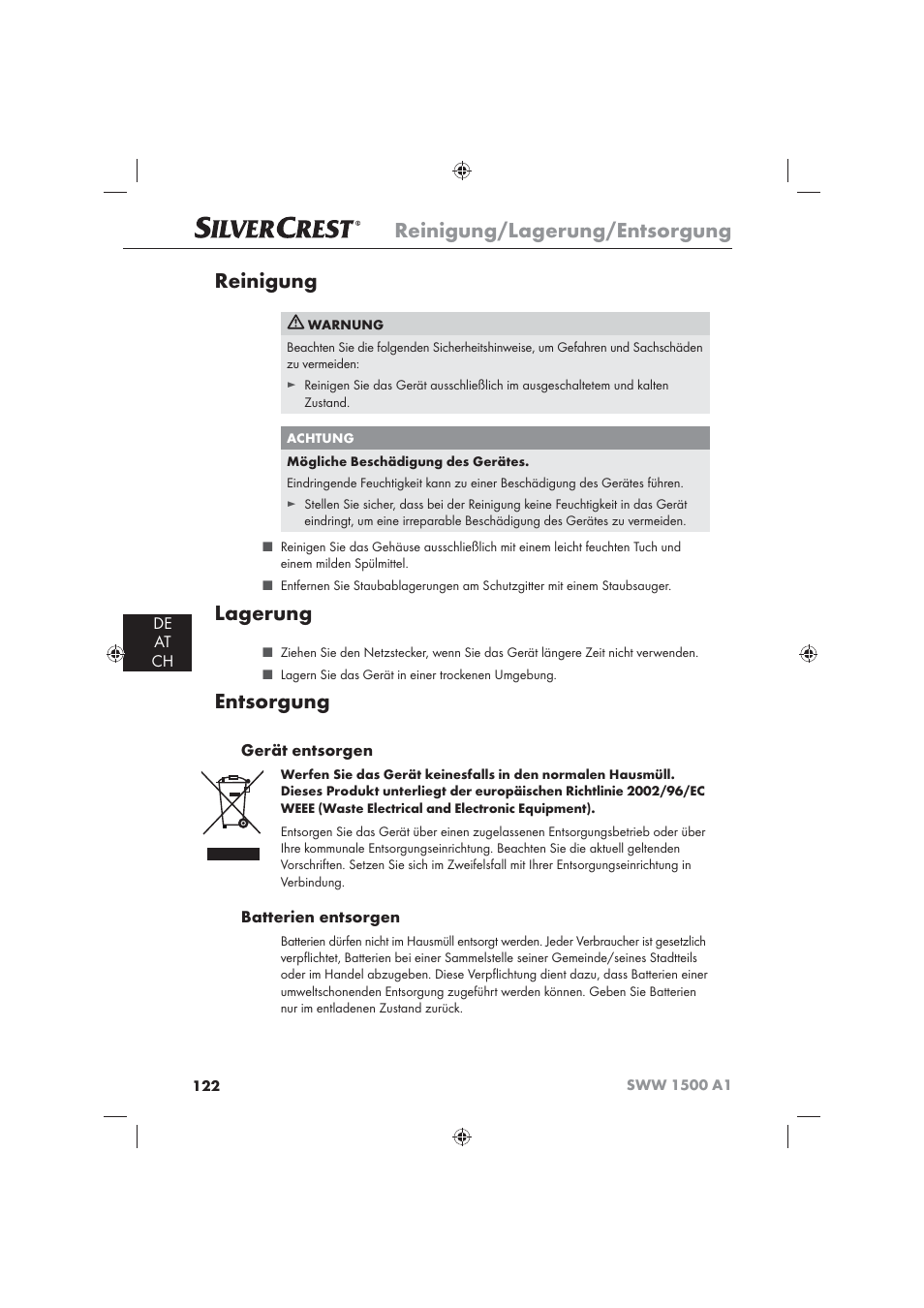Reinigung/lagerung/entsorgung, Reinigung, Lagerung | Entsorgung, De at ch, Gerät entsorgen, Batterien entsorgen | Silvercrest SWW 1500 A1 User Manual | Page 124 / 128