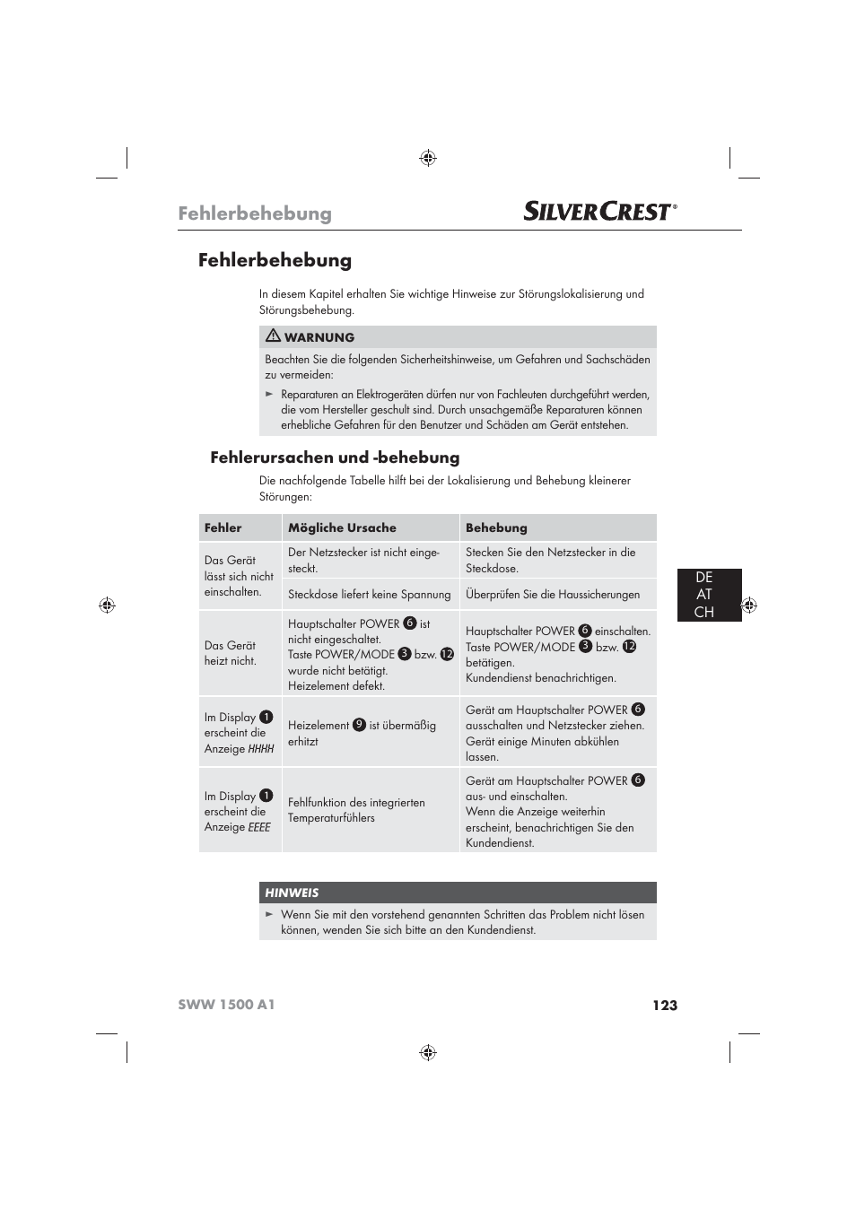 Fehlerbehebung, Fehlerursachen und -behebung, De at ch | Silvercrest SWW 1500 A1 User Manual | Page 125 / 128