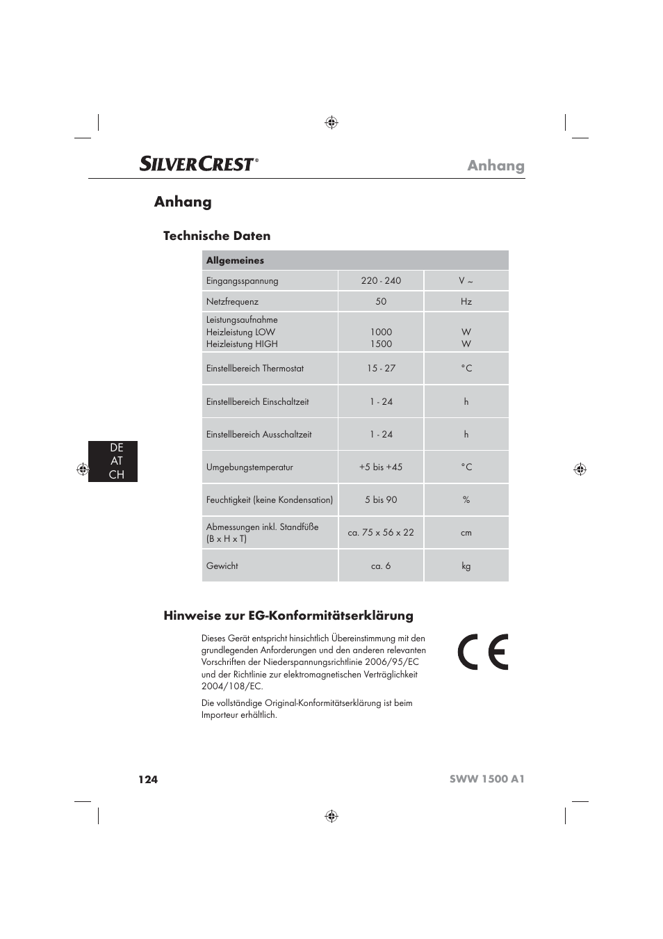 Anhang, Technische daten, Hinweise zur eg-konformitätserklärung | De at ch | Silvercrest SWW 1500 A1 User Manual | Page 126 / 128