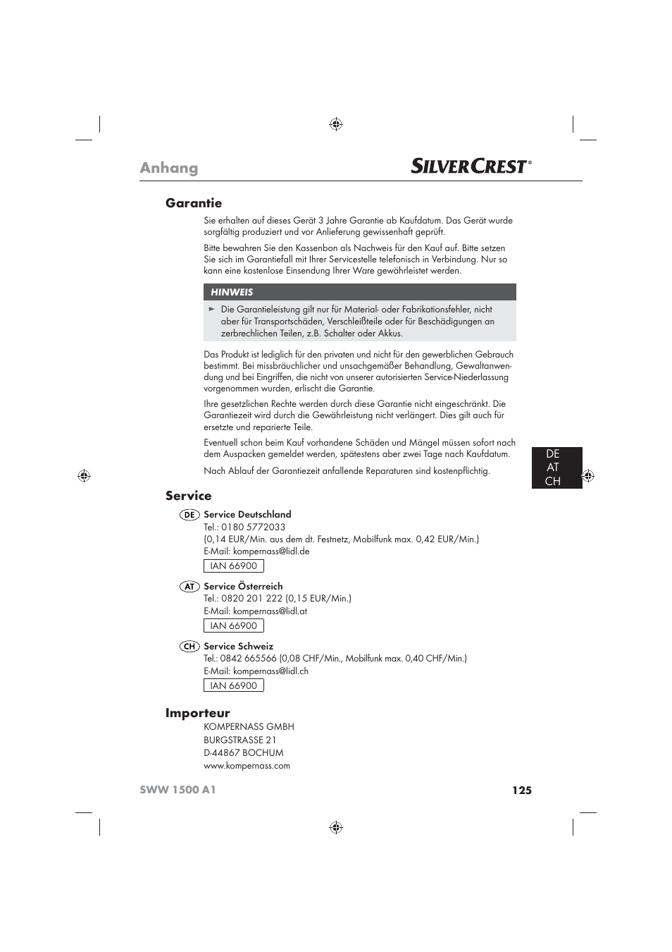 Anhang, Garantie, Service | Importeur, De at ch | Silvercrest SWW 1500 A1 User Manual | Page 127 / 128