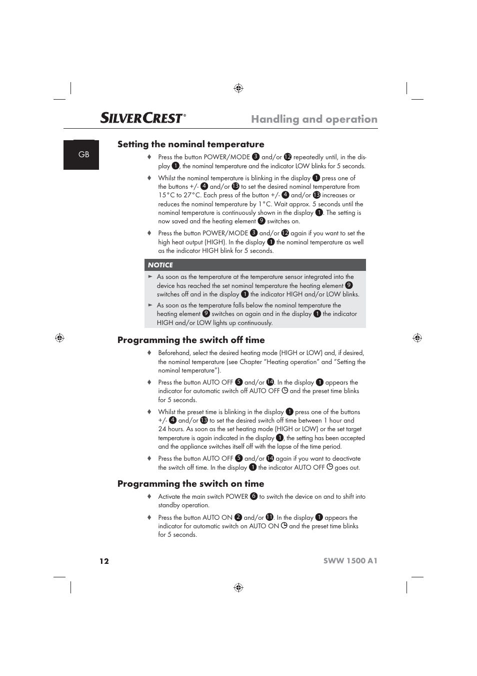 Handling and operation, Setting the nominal temperature, Programming the switch oﬀ time | Programming the switch on time | Silvercrest SWW 1500 A1 User Manual | Page 14 / 128