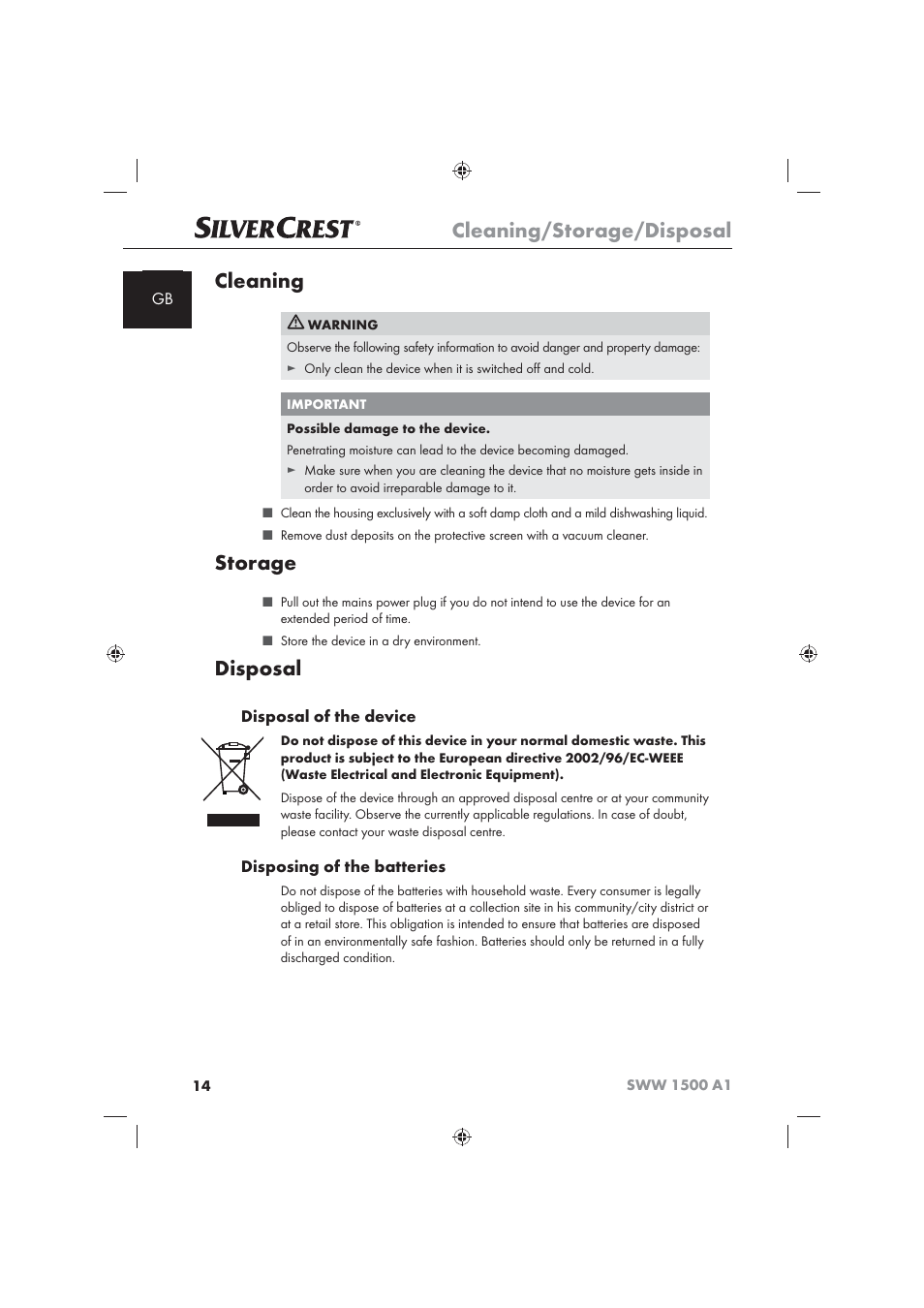 Cleaning/storage/disposal, Cleaning, Storage | Disposal, Disposal of the device, Disposing of the batteries | Silvercrest SWW 1500 A1 User Manual | Page 16 / 128