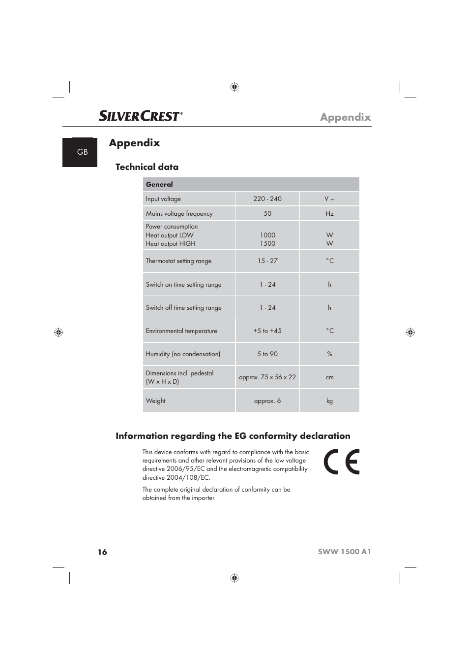 Appendix, Technical data | Silvercrest SWW 1500 A1 User Manual | Page 18 / 128
