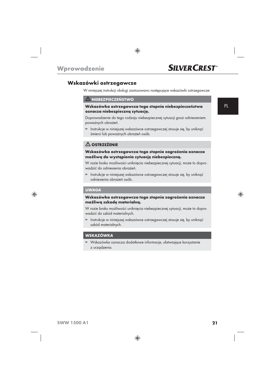 Wprowadzenie, Wskazówki ostrzegawcze | Silvercrest SWW 1500 A1 User Manual | Page 23 / 128