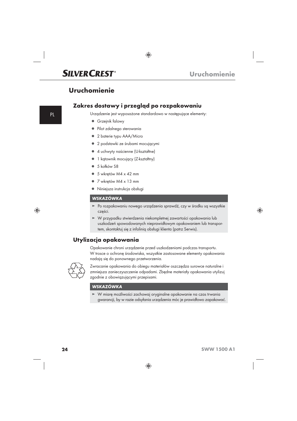 Uruchomienie, Zakres dostawy i przegląd po rozpakowaniu, Utylizacja opakowania | Silvercrest SWW 1500 A1 User Manual | Page 26 / 128