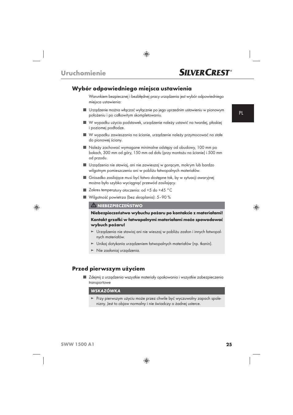 Uruchomienie, Wybór odpowiedniego miejsca ustawienia, Przed pierwszym użyciem | Silvercrest SWW 1500 A1 User Manual | Page 27 / 128