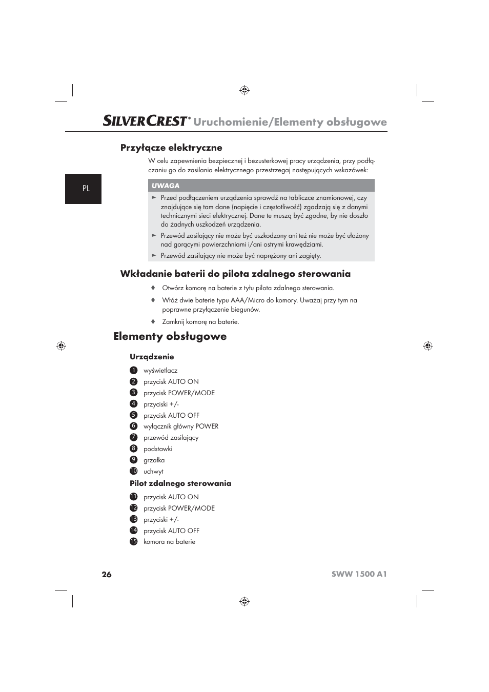 Uruchomienie/elementy obsługowe, Elementy obsługowe, Przyłącze elektryczne | Wkładanie baterii do pilota zdalnego sterowania | Silvercrest SWW 1500 A1 User Manual | Page 28 / 128