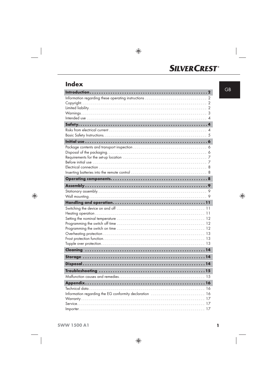 Index | Silvercrest SWW 1500 A1 User Manual | Page 3 / 128